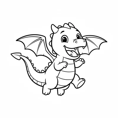 A little dragon jumping with all four legs off the ground, wings half-open coloring page