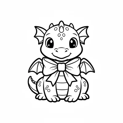 A little dragon sitting upright with a big bow tied around its neck, looking coloring page