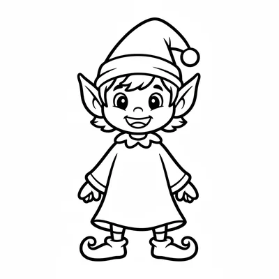 A little elf with pointed ears, a pointed hat, simple robes, and small shoes coloring page