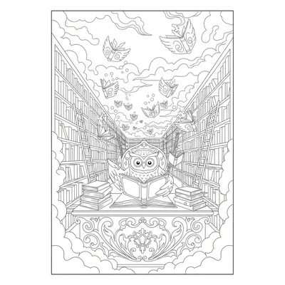 A magical library that extends into infinity, bookcases coloring page
