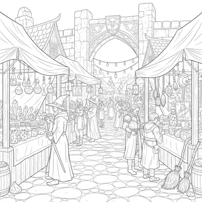 A medieval fantasy market with stalls selling magical wares, potions, crystals coloring page