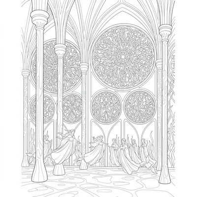 A merfolk coral cathedral with tall spire columns of stacked coral, massive coloring page