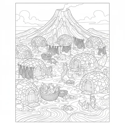 A merfolk fishing village on a volcanic reef, with huts built from stacked lava coloring page