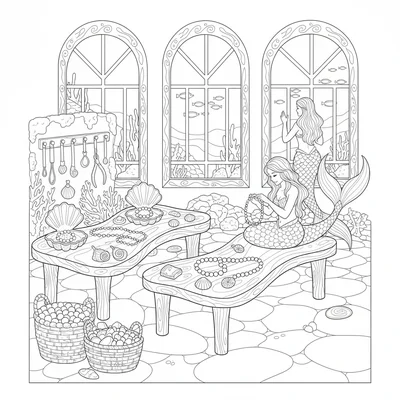 A mermaid artisan workshop on the ocean floor with workbenches displaying shell coloring page