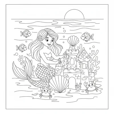 A mermaid building a sand castle on the ocean floor, using shells and coral coloring page