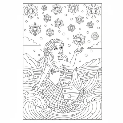 A mermaid catching snowflakes on her outstretched hand at the ocean surface coloring page