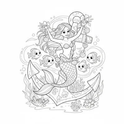 A mermaid decorating a shipwreck anchor with strings of shells and sea flowers coloring page