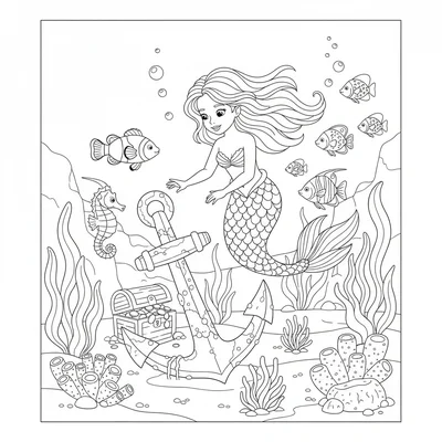 A mermaid examining a sunken anchor on the ocean floor, one hand reaching coloring page