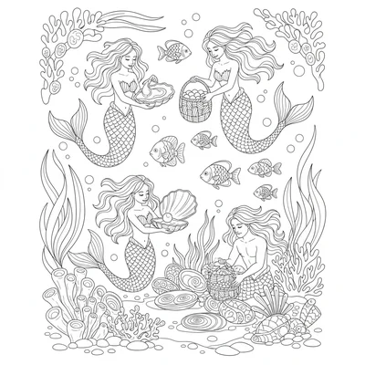 A mermaid pearl harvesting scene, merfolk diving among oyster beds on the ocean coloring page