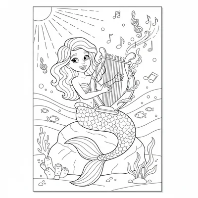 A mermaid playing a harp made from whale bones and seaweed strings, seated coloring page