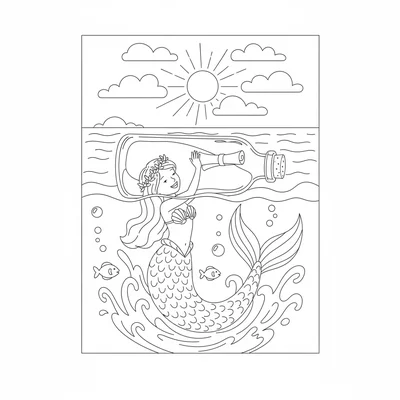 A mermaid pushing a large message bottle across the ocean surface from below coloring page