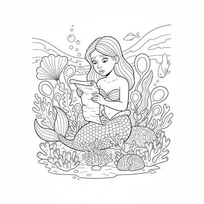 A mermaid reading from a scroll made of seaweed, sitting among coral coloring page