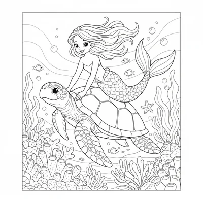 A mermaid riding on the back of a large sea turtle through a coral garden, one coloring page