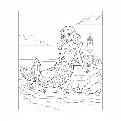 A mermaid sitting on a flat rock near the shoreline, tail curled to one side coloring page