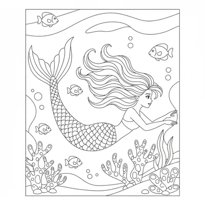 A mermaid swimming underwater, tail powering upward, arms extended forward coloring page