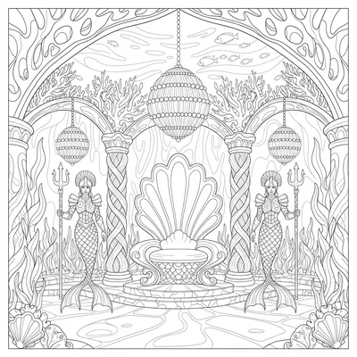 A mermaid throne room in an underwater palace with a large oyster shell throne coloring page