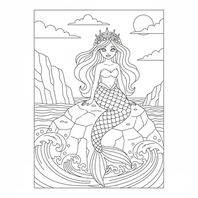 A mermaid wearing a crown of sea stars and pearls, sitting upright on a large coloring page