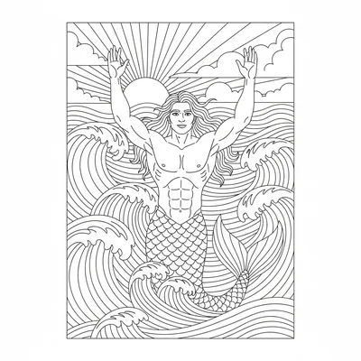 A merman emerging from ocean waves, upper torso visible above the water, arms coloring page