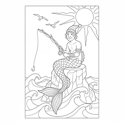 A merrow, a male merman with a red cap, sitting on a sea stack fishing coloring page