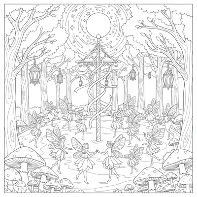 A midsummer fairy festival in a moonlit clearing, dozens of fairies in flower coloring page