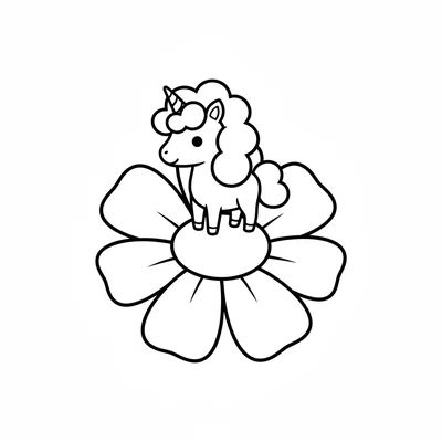 A miniature unicorn no bigger than a kitten, standing on an oversized flower coloring page