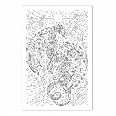 A moonlit dragon mating display, two dragons spiraling coloring page