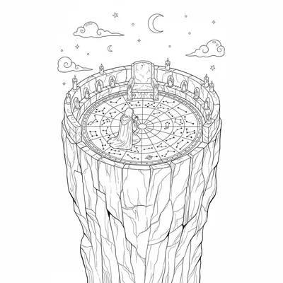 A mountain oracle's peak chamber open to the sky at the top coloring page
