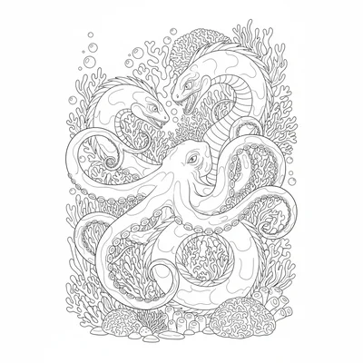 An oceanic battle between a kraken and a giant sea serpent around a reef coloring page