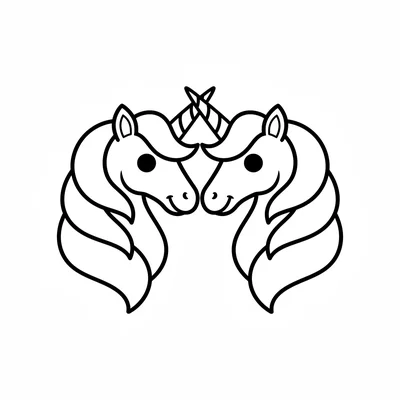 A pair of unicorn heads facing each other touching their horns together, manes coloring page