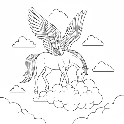 A pegasus drinking from a cloud, its long neck extended downward into a large coloring page