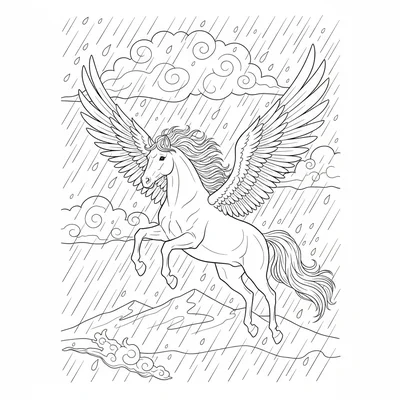 A pegasus flying through a rainstorm, wings driving hard, mane and tail blown coloring page