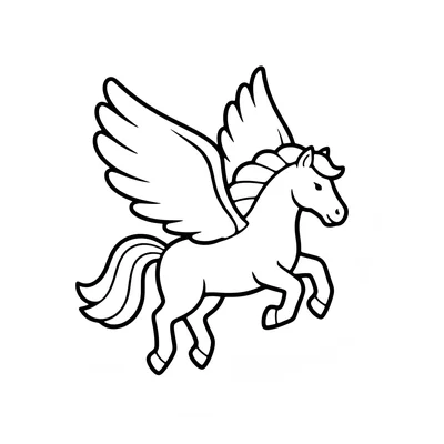 A pegasus in flight with wings fully spread upward, all four legs tucked under coloring page