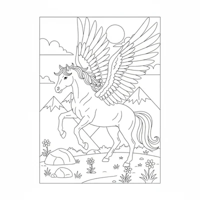 A pegasus landing in a mountain meadow, two front hooves just touching coloring page