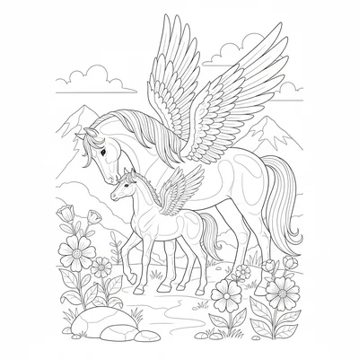A pegasus nuzzling a foal, the large adult bowing its head down to meet coloring page