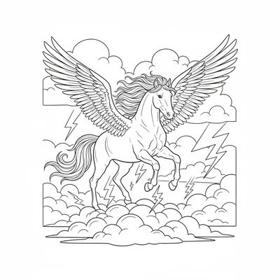 A pegasus running on top of storm clouds, hooves striking the cloud surface coloring page