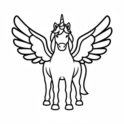 A pegasus unicorn with large simple wings spread wide on each side, standing coloring page
