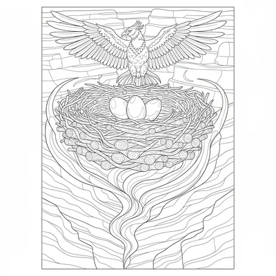 A phoenix aerie high in a desert canyon, the nest a platform of stacked logs coloring page
