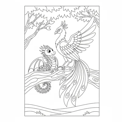 A phoenix and a small dragon meeting on a large branch, the phoenix spreading coloring page