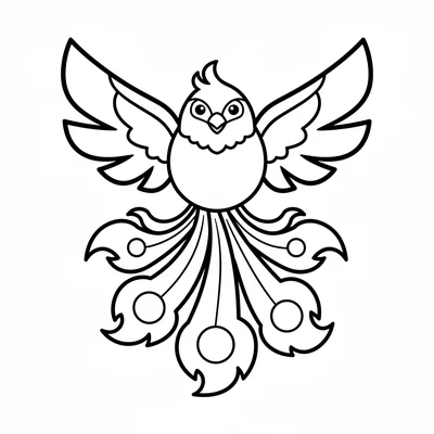 A simple phoenix as a round-bodied bird with a large flowing flame tail made coloring page