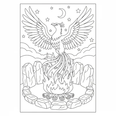 A phoenix emerging from a bonfire at the center of a stone circle, wings spread coloring page