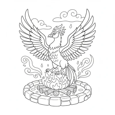 A phoenix emerging from a nest of logs and embers, wings spread dramatically coloring page