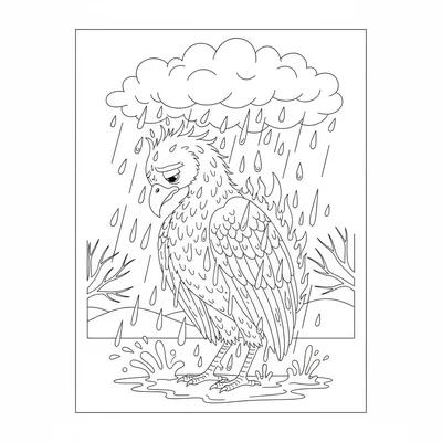 A phoenix in a rainstorm, its flames dampened to embers, wings hunched, looking coloring page