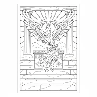 A phoenix landing on an ancient stone altar, wings spread for balance, flame coloring page