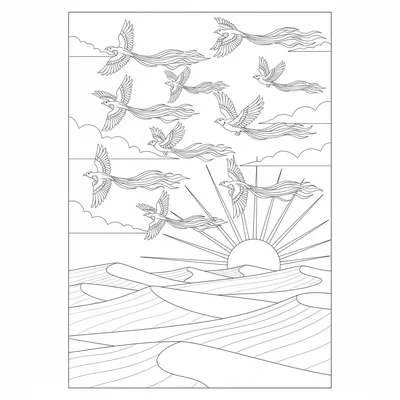 A phoenix migration, a flock of phoenixes crossing a great desert sky at dawn coloring page