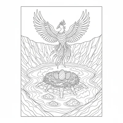 A phoenix nest at the center of a volcanic crater lake, the nest a raised coloring page