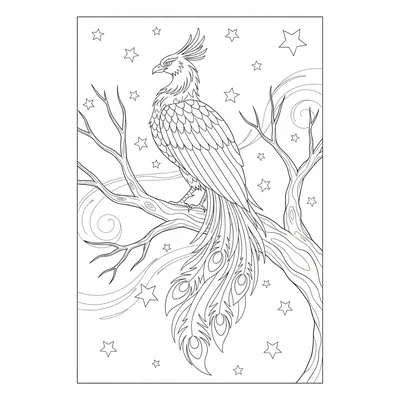 A phoenix perching on the branch of a bare tree, tail flames draping down below coloring page