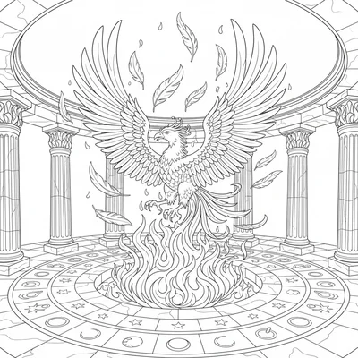 A phoenix rebirth scene in a circular stone temple, the bird rising from a pyre coloring page