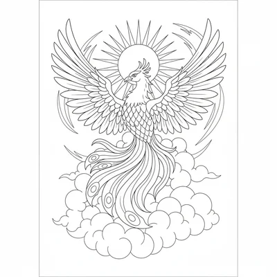 A phoenix rising above a bank of clouds, wings spread wide in multiple long coloring page
