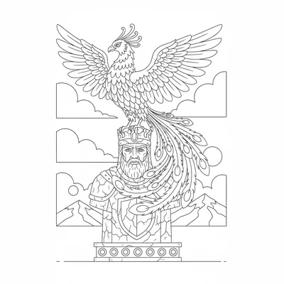 A phoenix roosting on top of a statue, its flame tail draping down the back coloring page