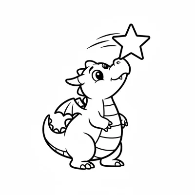 A plump dragon catching a falling star on the tip of its snout, balancing coloring page